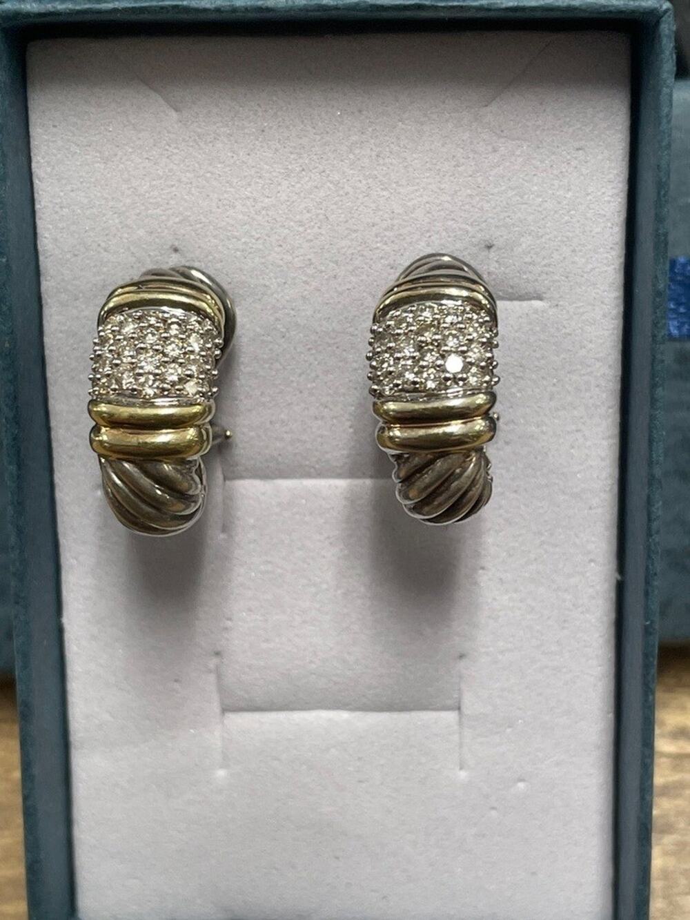 David Yurman Cable Classic 925 &18K Gold Pave Diamond Earrings - PPSKN369045